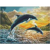 Foto von "DIAMOND DOTZ® Squares Original Diamond Painting ""Dolphin Sunset“ 42 x 31