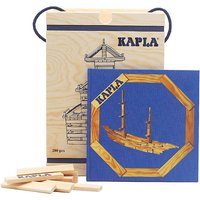 Foto von KAPLA Holzplättchen im Holzkasten mit Tragegriffen und blauem Kunstbuch